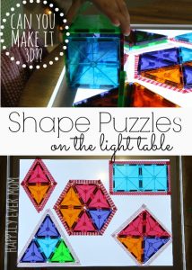 Shape Puzzles on the light table with magnatiles from Happilyevermom