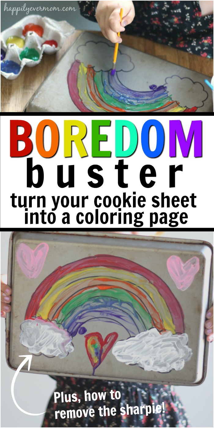 How to do an easy paint project with your cookie sheet. This is the best boredom buster because it's *actually* simple. You don't need to run to the store or buy a bunch of stuff, just pure simple fun that will keep you kids engaged. Here's to a fab summer! #summer #bored #boredom #art #rainbow #artproject #fun #kidsactivities #toddlers #preschool #elementary #teacher