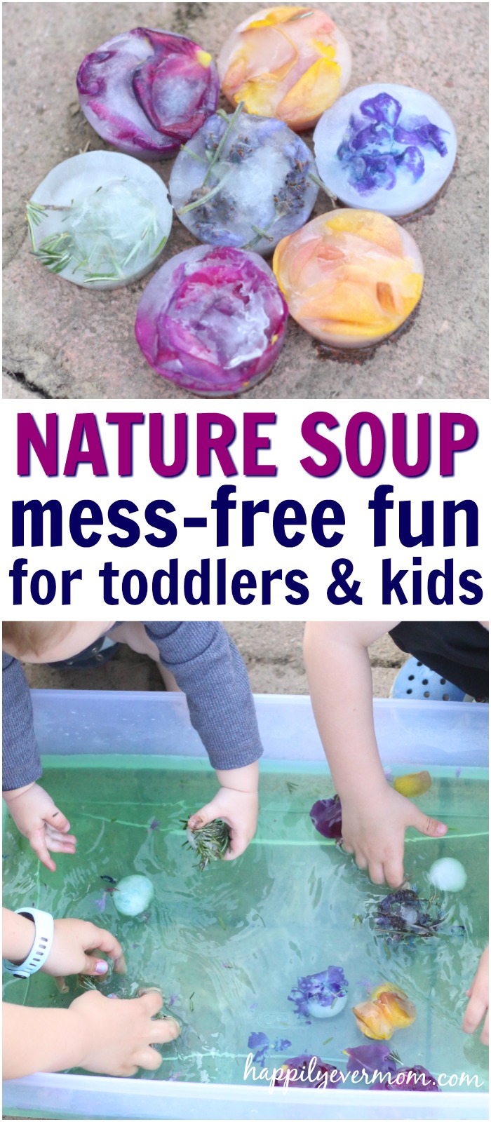 How to make an easy, mess-free sensory bin for a perfect spring or summer day. Love the cold, sensory element to this sensory bin and how nature is included in this activity as well. Plus, must read tips to help activities last for more than five minutes!! 